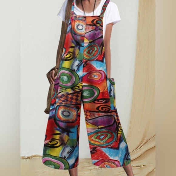 Vonda Pants - Vonda Womens Loose Overalls Ethnic Print Wide Leg Jumpsuit Pockets Crop Size XL